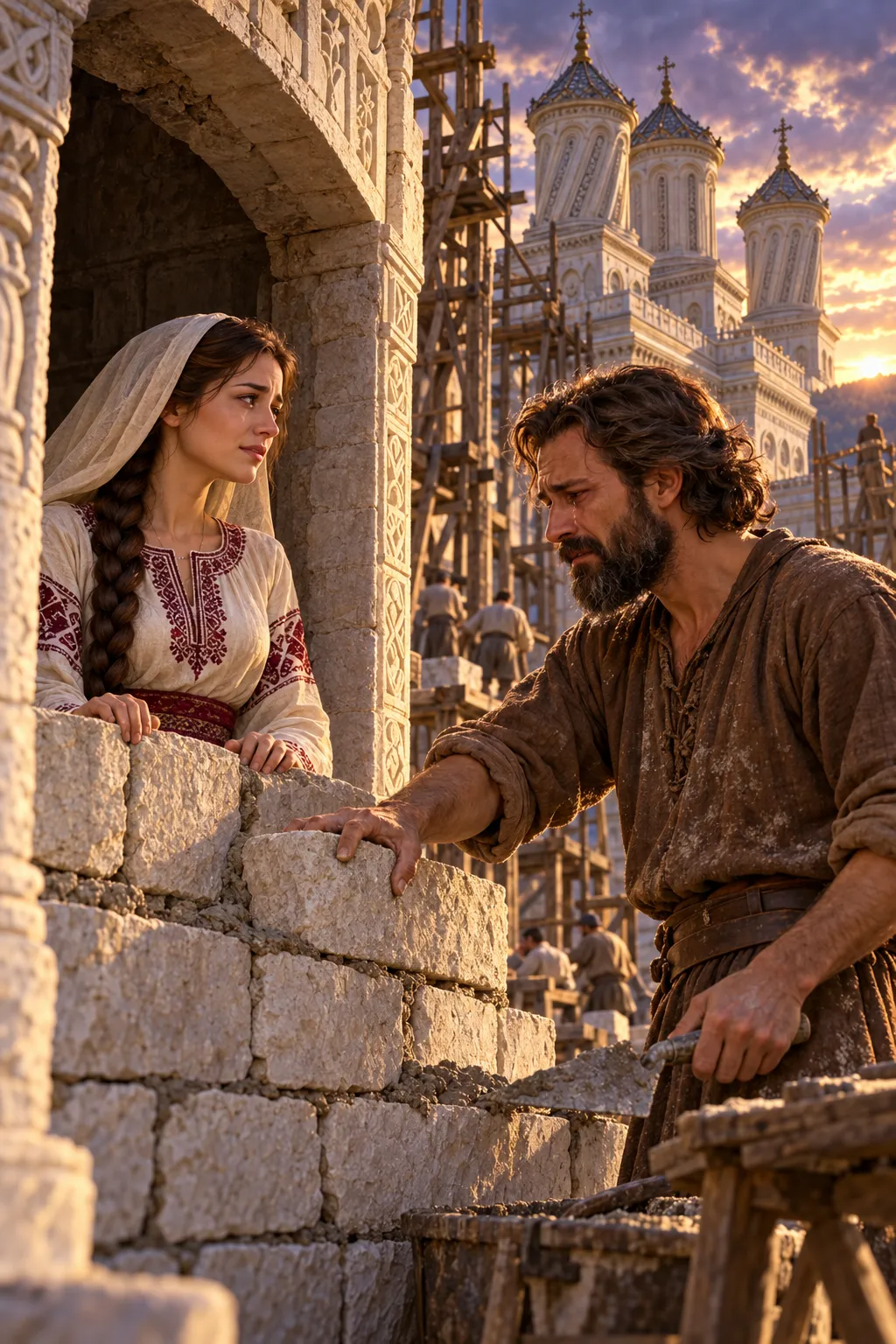 Manole lays the stones of the wall around Ana, who watches him from behind the masonry.