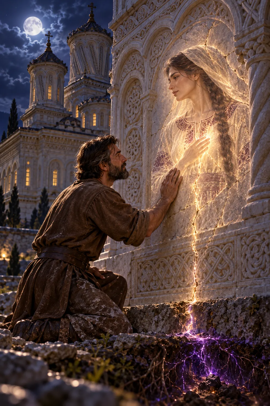 Manole kneels by the monastery wall, where Ana’s glowing silhouette shows through the stone.