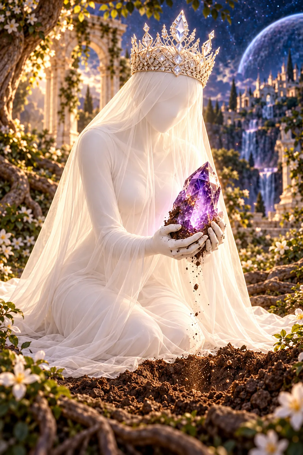 The Divine Mother, a white silhouette covered by a single veil and crowned with a great diamond crown, holds the amethyst between her palms.