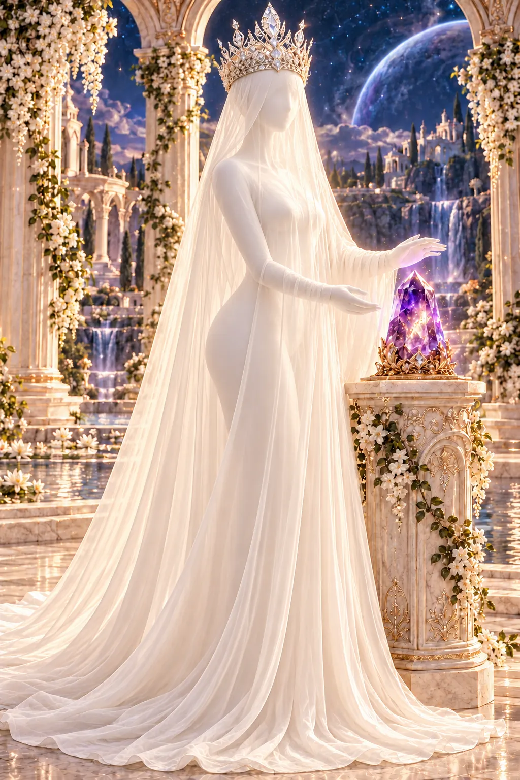 The Divine Mother keeps watch beside the amethyst, set on a marble pedestal in the gardens of Luxara.