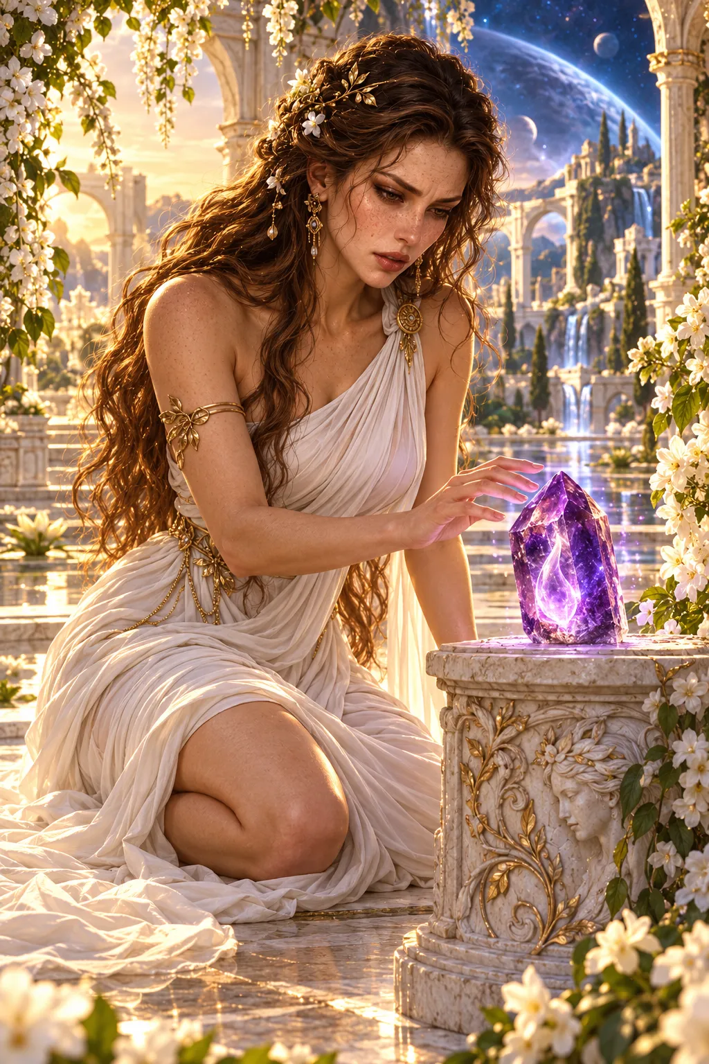 Medusa, with chestnut hair and a white dress, kneels beside the amethyst on its pedestal.