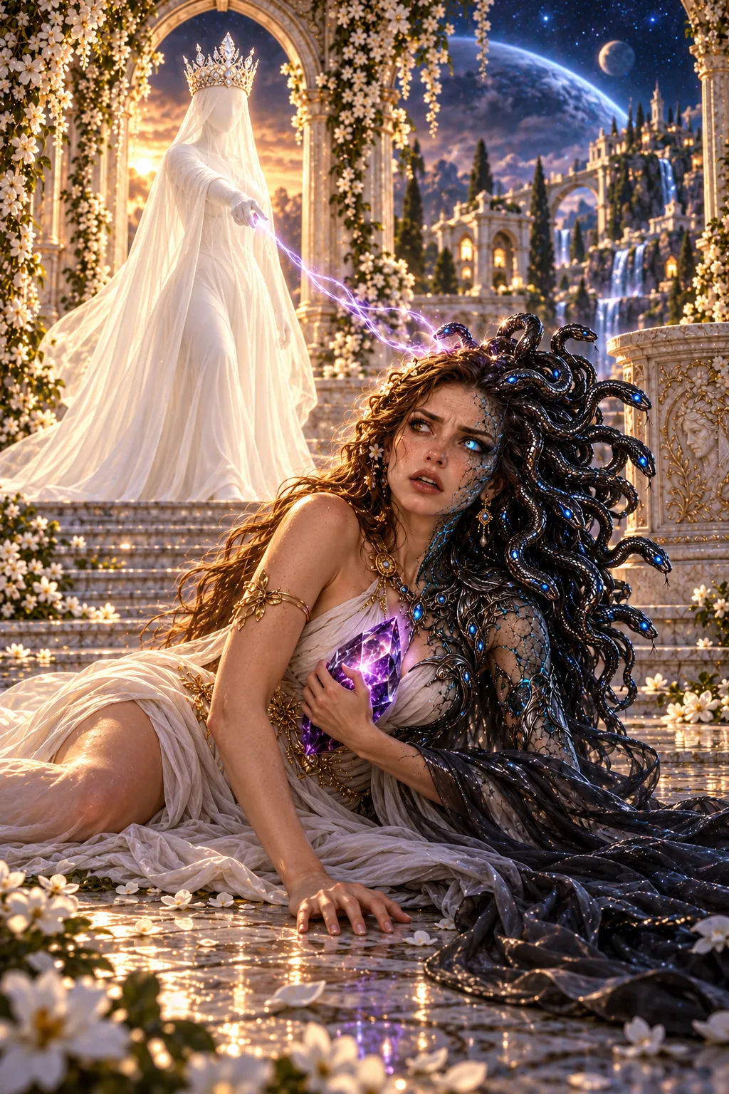 The Divine Mother points accusingly at Medusa, fallen to the ground, her hair turning into metal serpents, the amethyst at her chest.