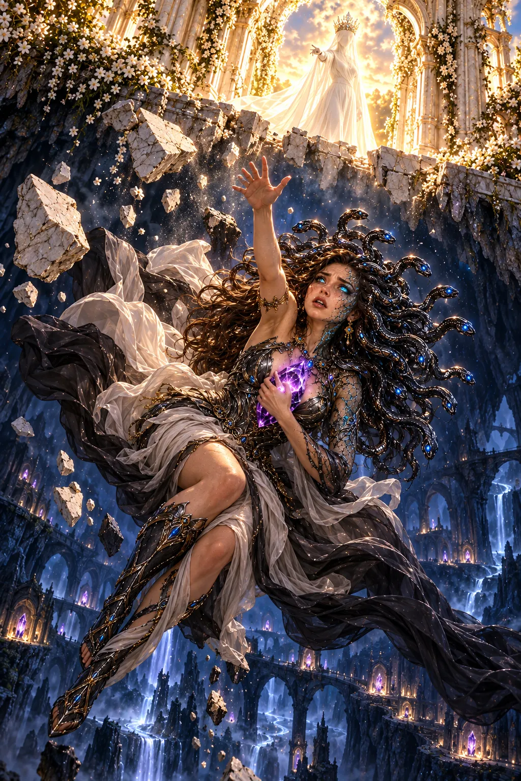 Medusa falls from the shattered threshold of Luxara into the abyss, holding the amethyst to her chest.