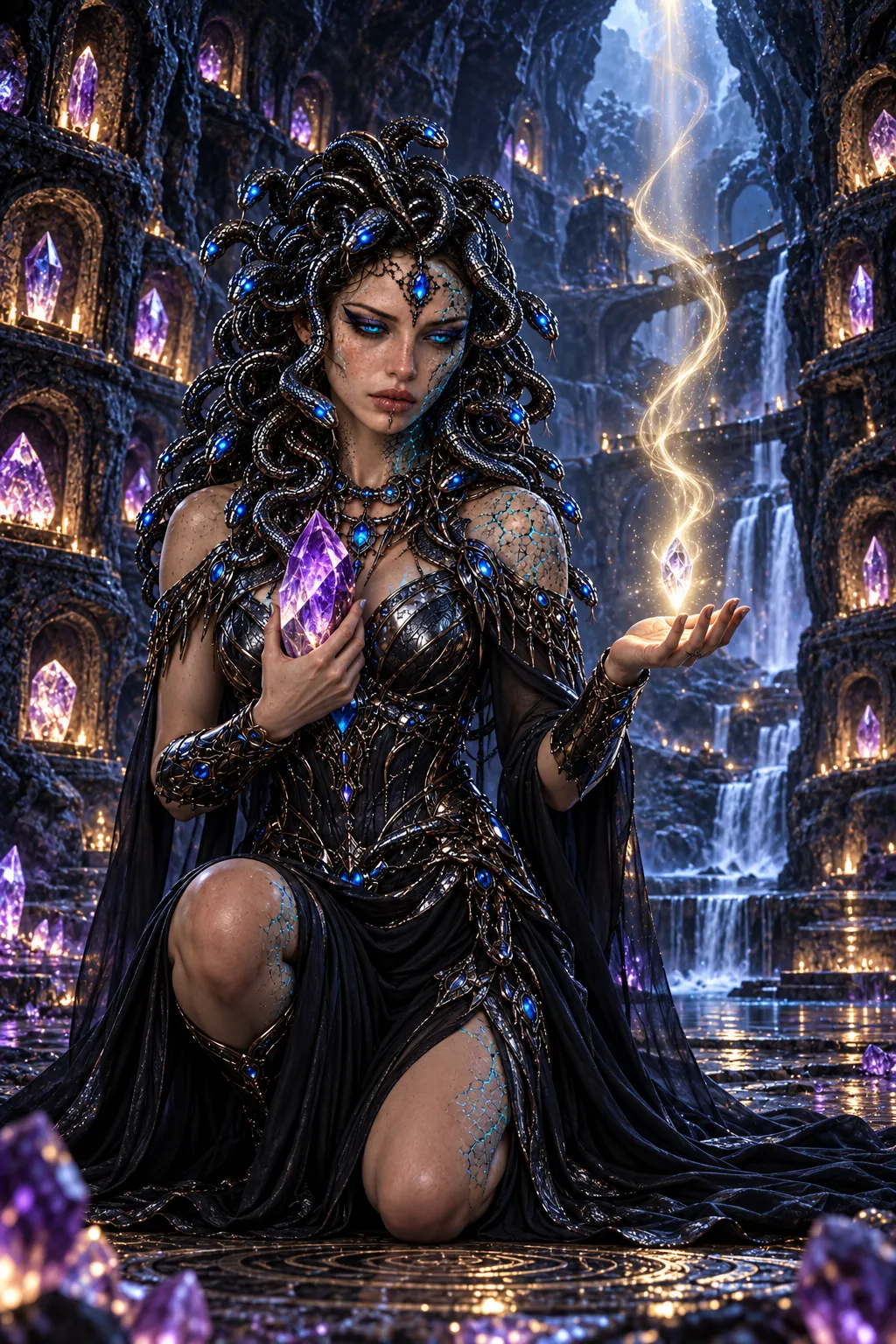 Medusa kneels in the underground sanctuary, receiving a new soul crystal while holding the amethyst to her chest.