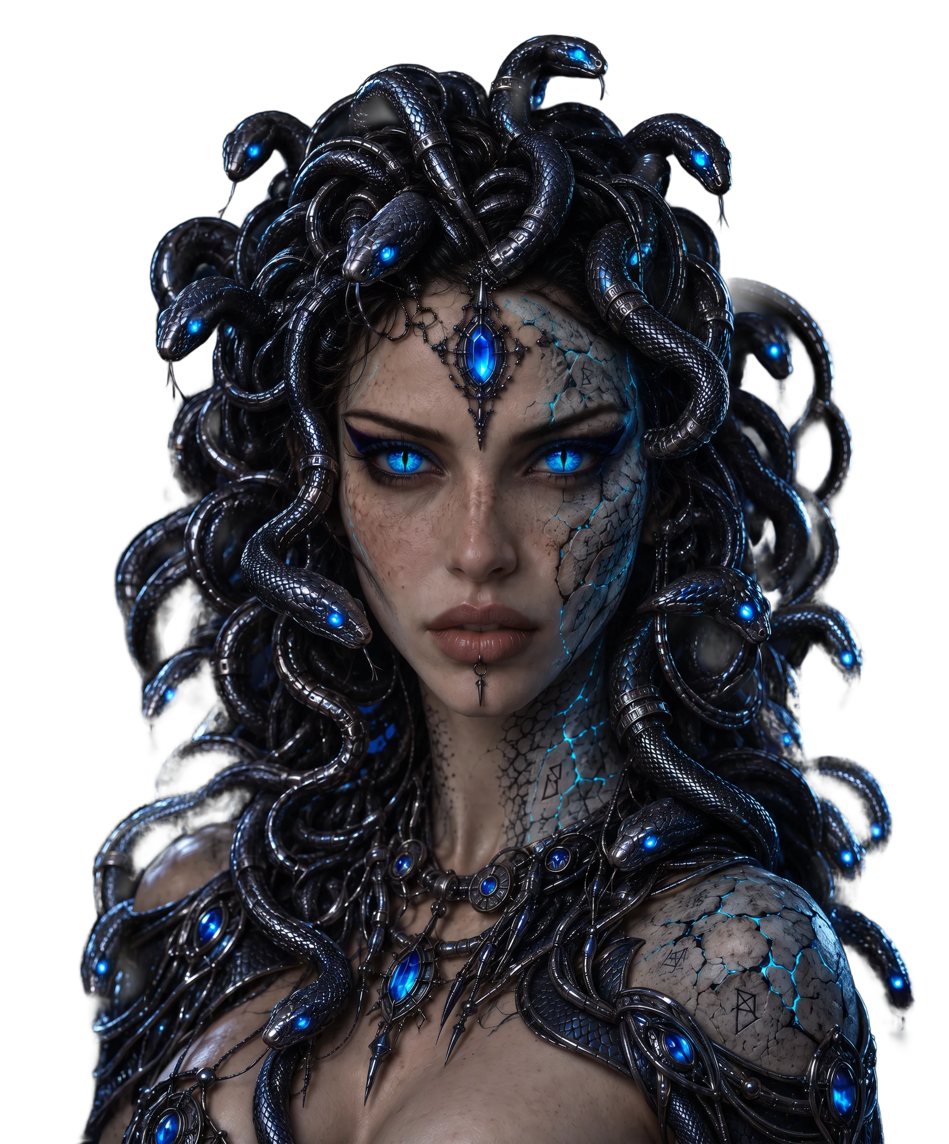 Medusa, crowned with glowing-eyed serpents, her blue gaze following you